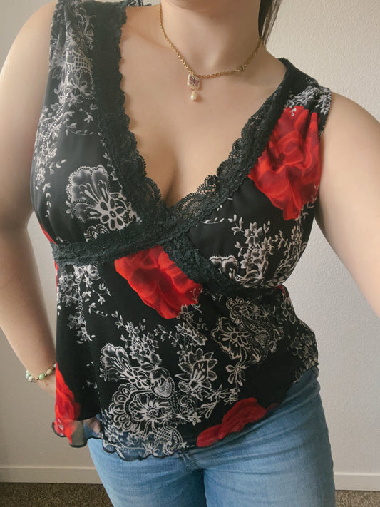 Black & Red Lace Floral Tank Top