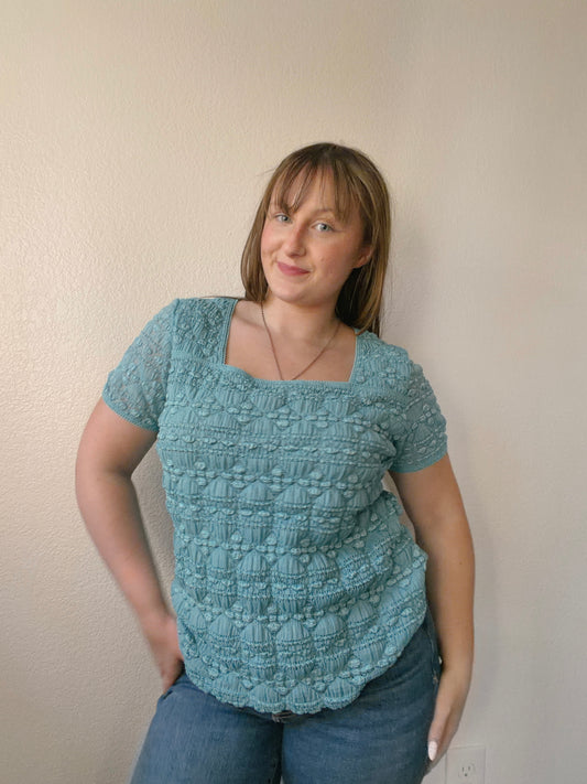 Blue Textured Square Neck Top