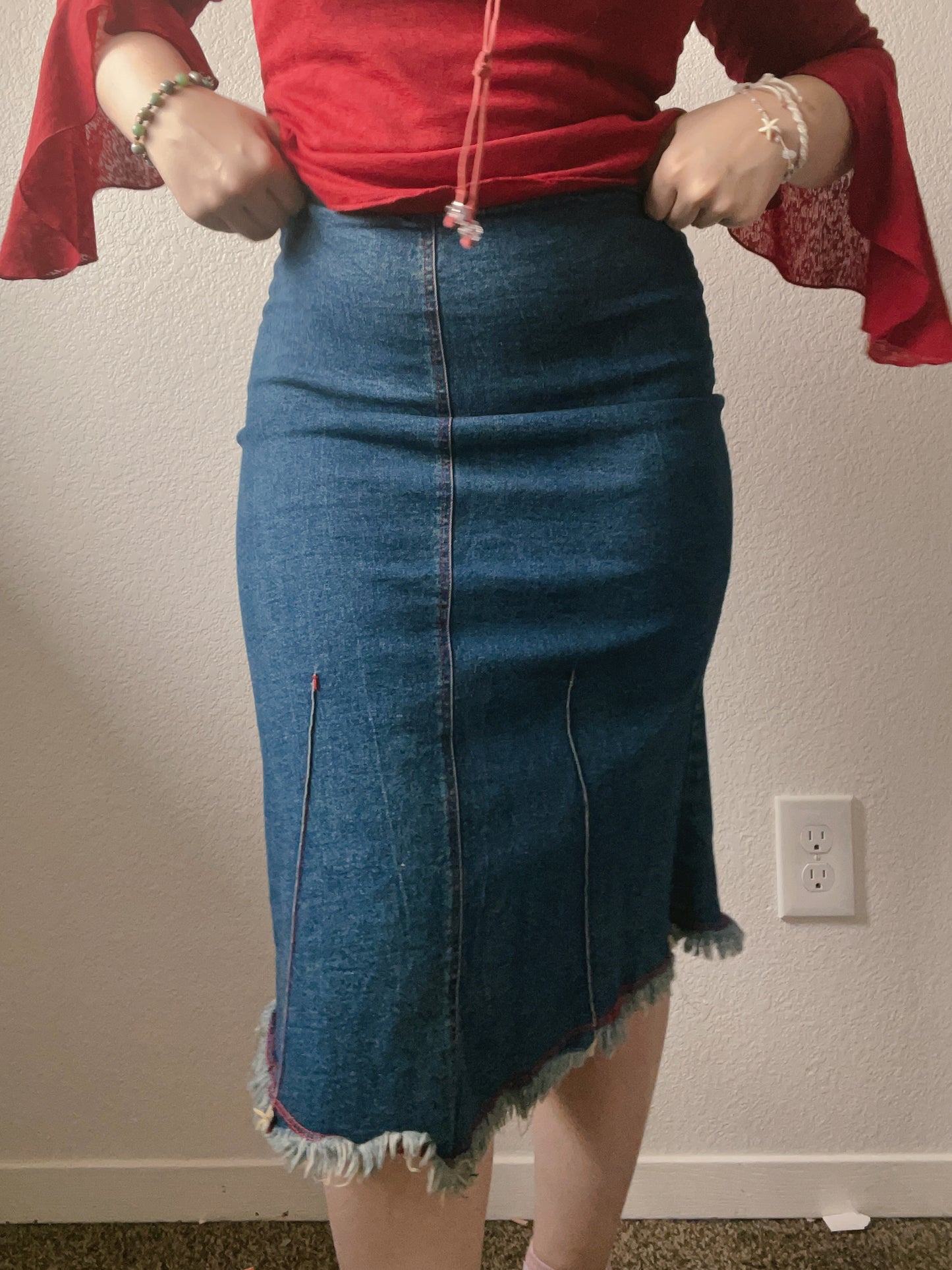 Red Stitch Denim Midi Skirt