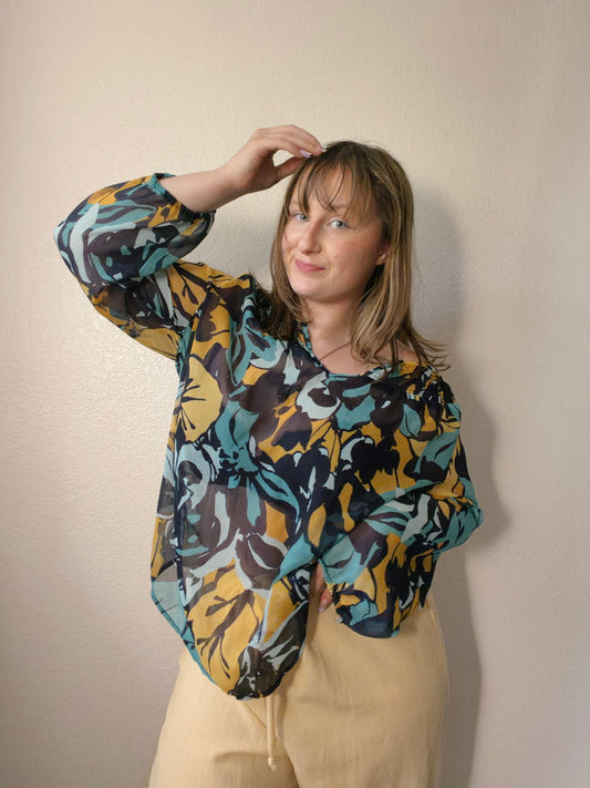 Blue & Yellow Floral Sheer Top