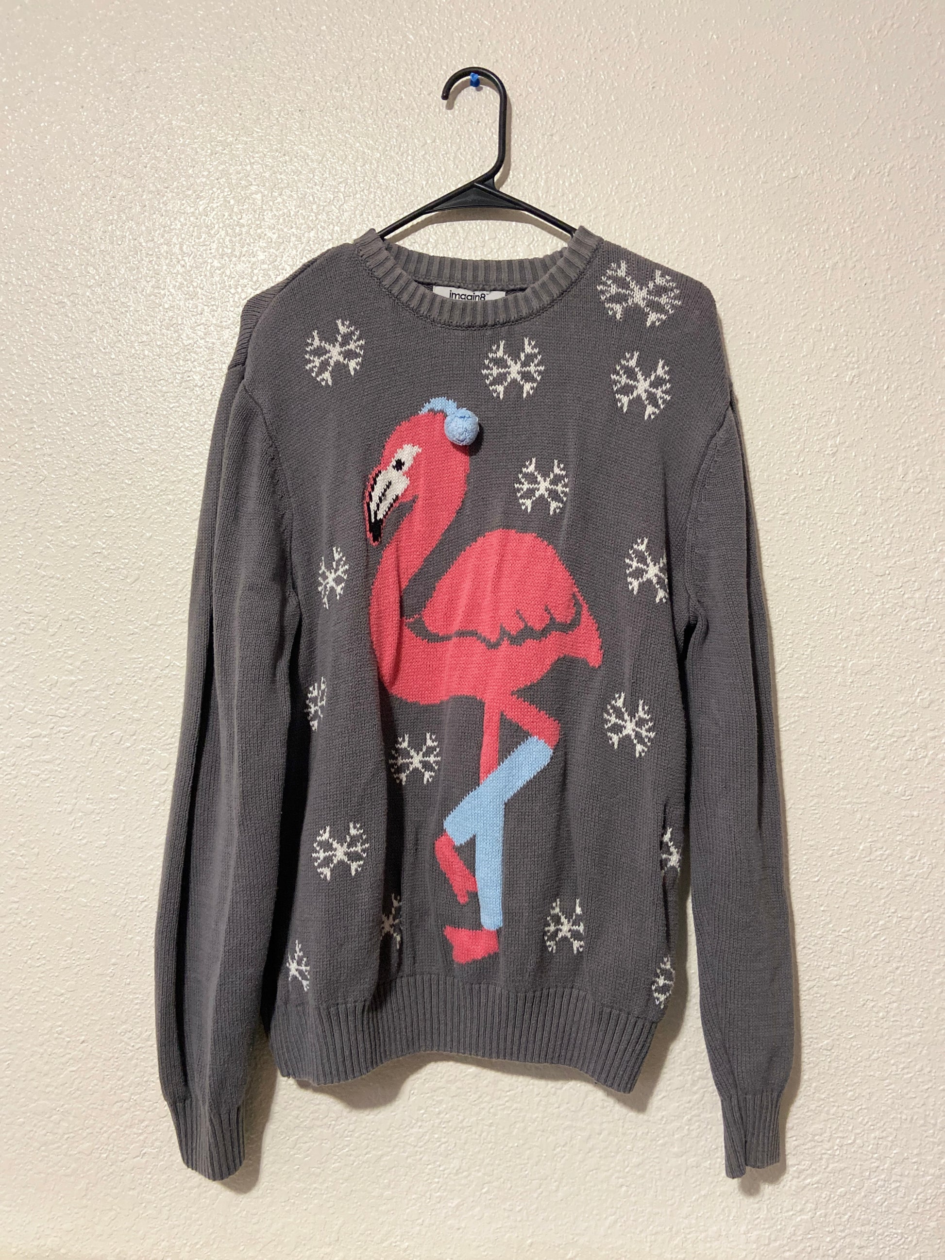 Grey Flamingo Christmas Sweater | From the Rack | Grace Thrifts | Wasilla, AK