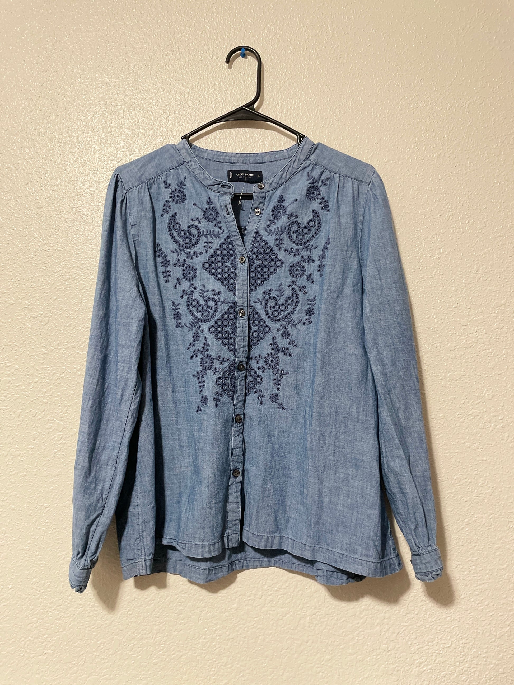 Embroidered Denim Button Up Shirt | From the Rack | Grace Thrifts