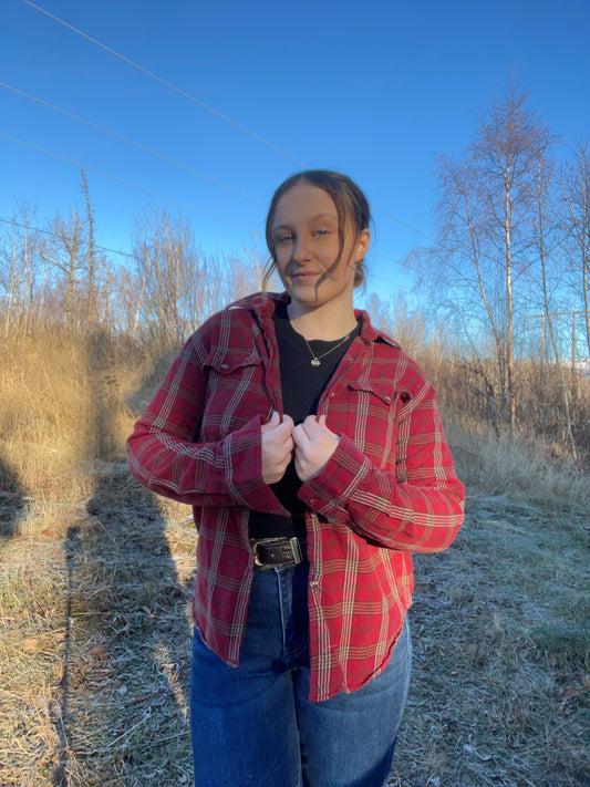 Red Honeycrisp Button Up Flannel | From the Rack | Curated Secondhand Styles | Grace Thrifts | Wasilla, AK