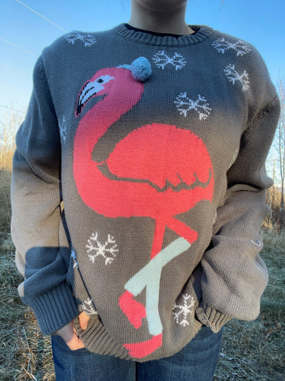 Grey Flamingo Christmas Sweater | From the Rack | Grace Thrifts | Wasilla, AK