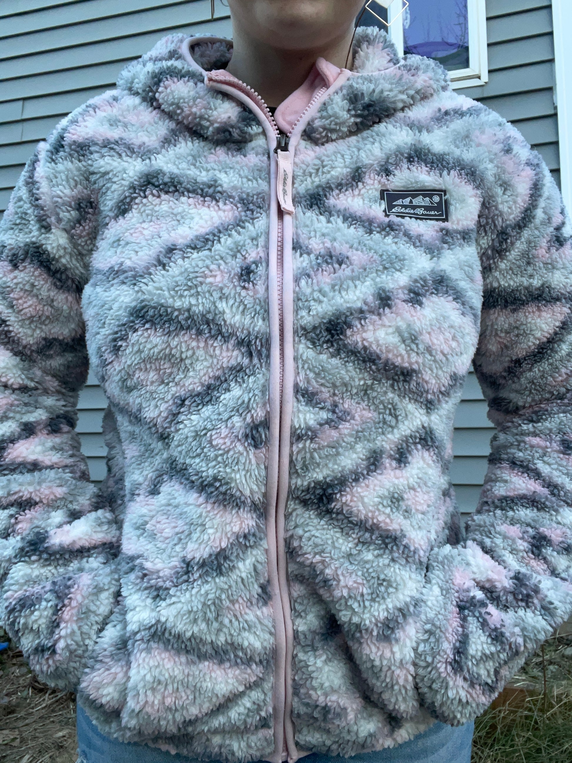 Eddie Bauer Pink & Grey Fuzzy Zip Up | From the Rack | Curated Secondhand Styles | Grace Thrifts | Wasilla, AK