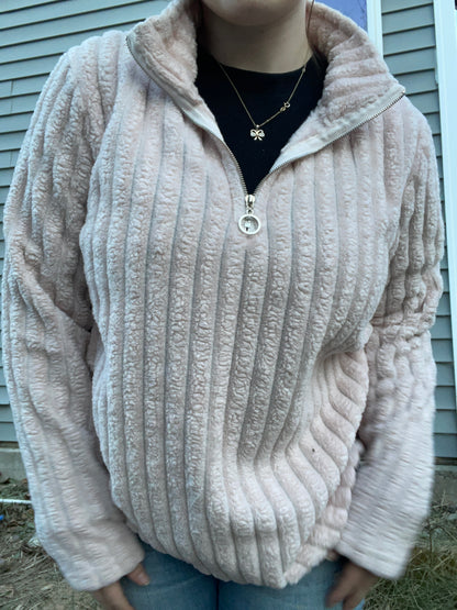 Pink Fuzzy Ribbed Quarter Zip Sweater | From the Rack | Grace Thrifts | Curated Secondhand Styles | Wasilla, AK