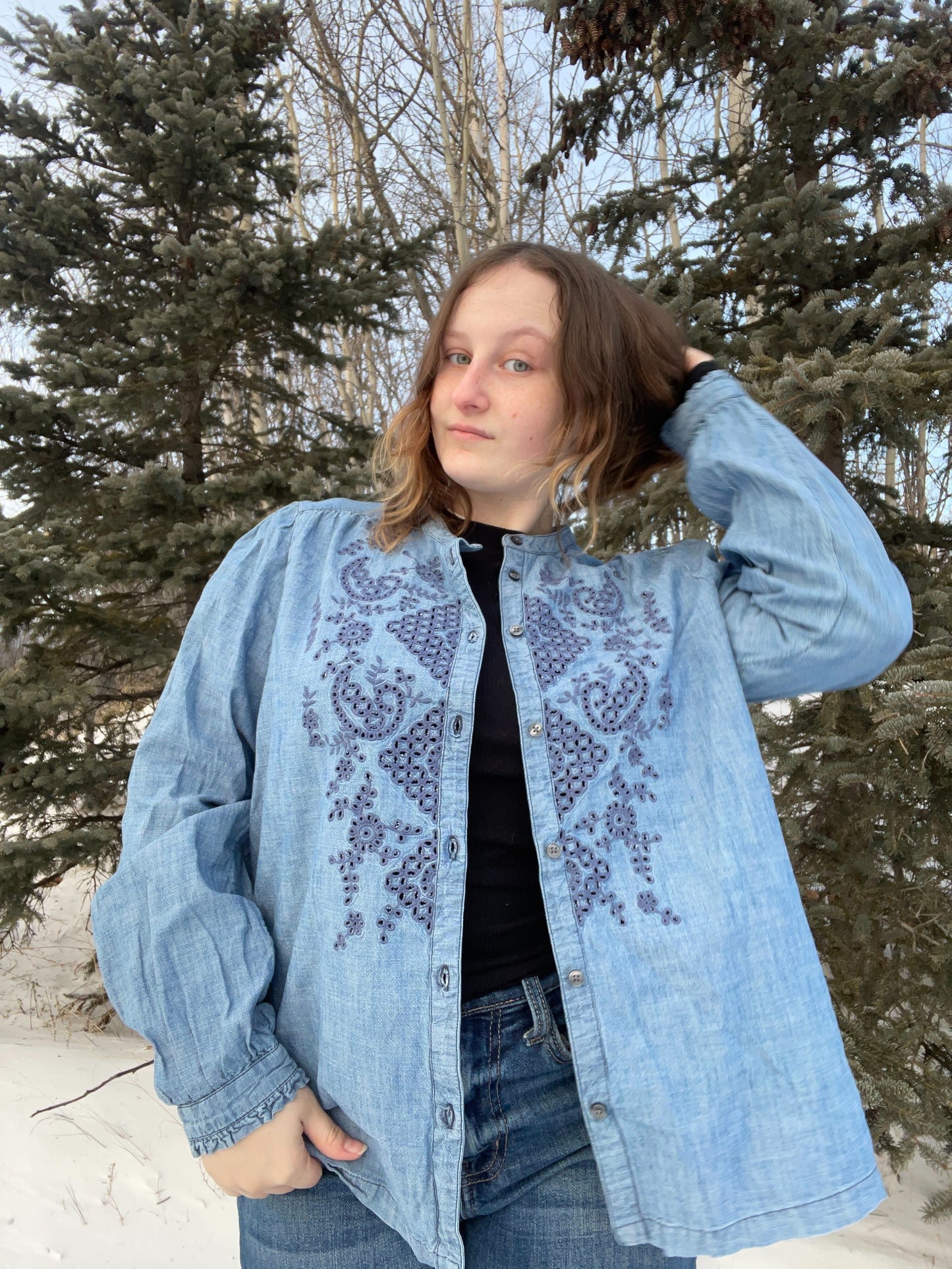 Embroidered Denim Button Up Shirt | From the Rack | Grace Thrifts