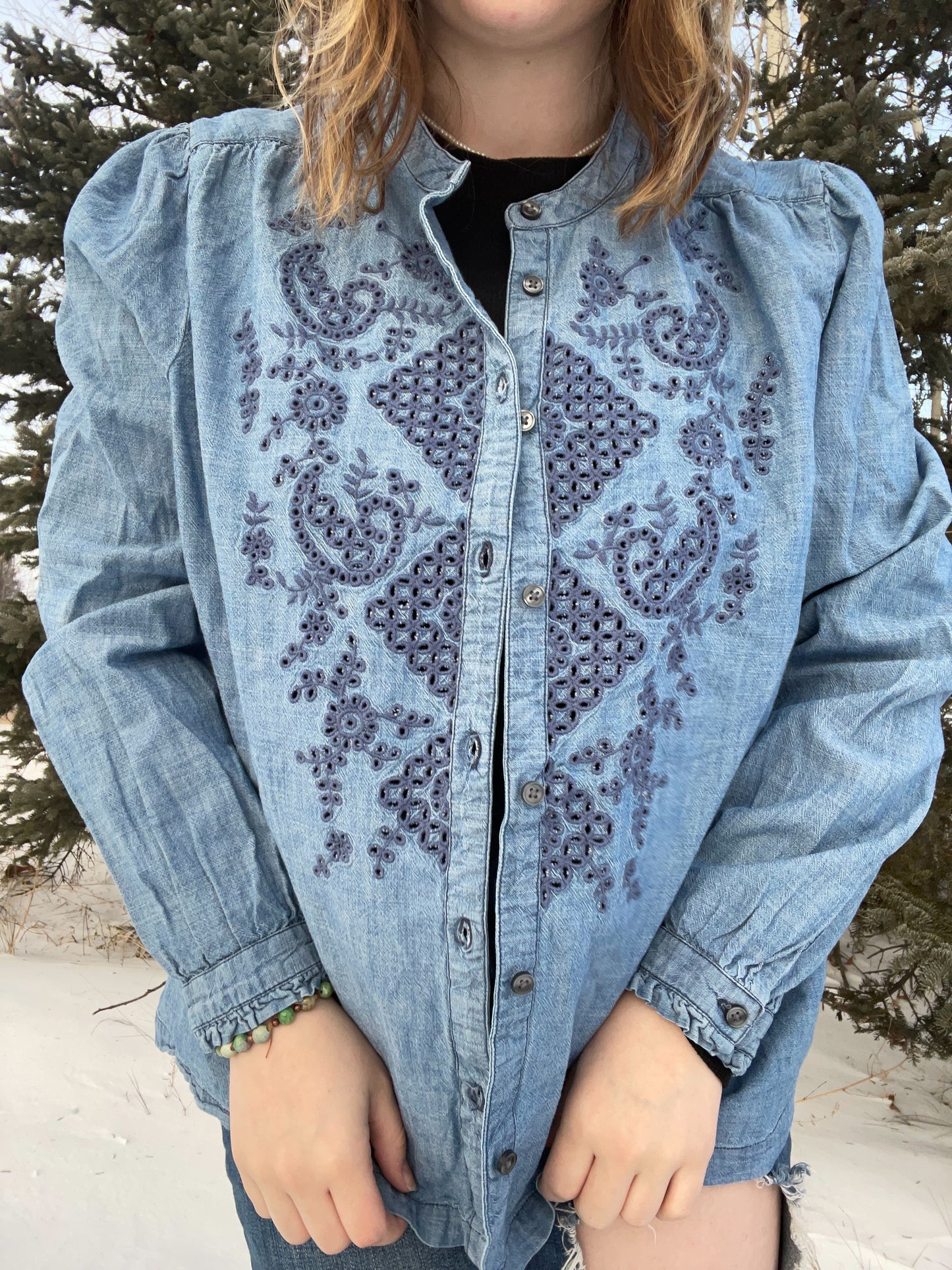 Embroidered Denim Button Up Shirt | From the Rack | Grace Thrifts