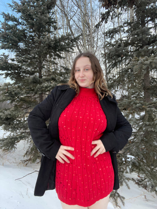 Red Cable Knit Sequin Dress