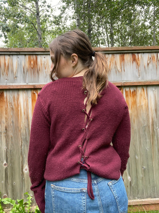 Maroon Lace Up Sweater | From the Rack | Grace Thrifts