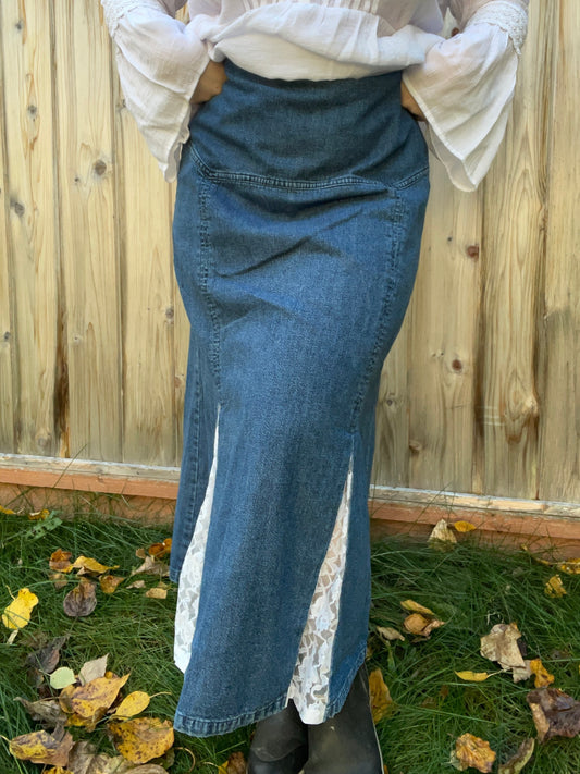 Denim & Lace Midi Skirt | From the Rack | Grace Thrifts