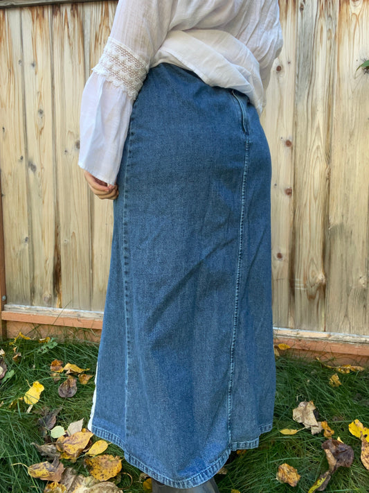 Denim & Lace Midi Skirt | From the Rack | Grace Thrifts
