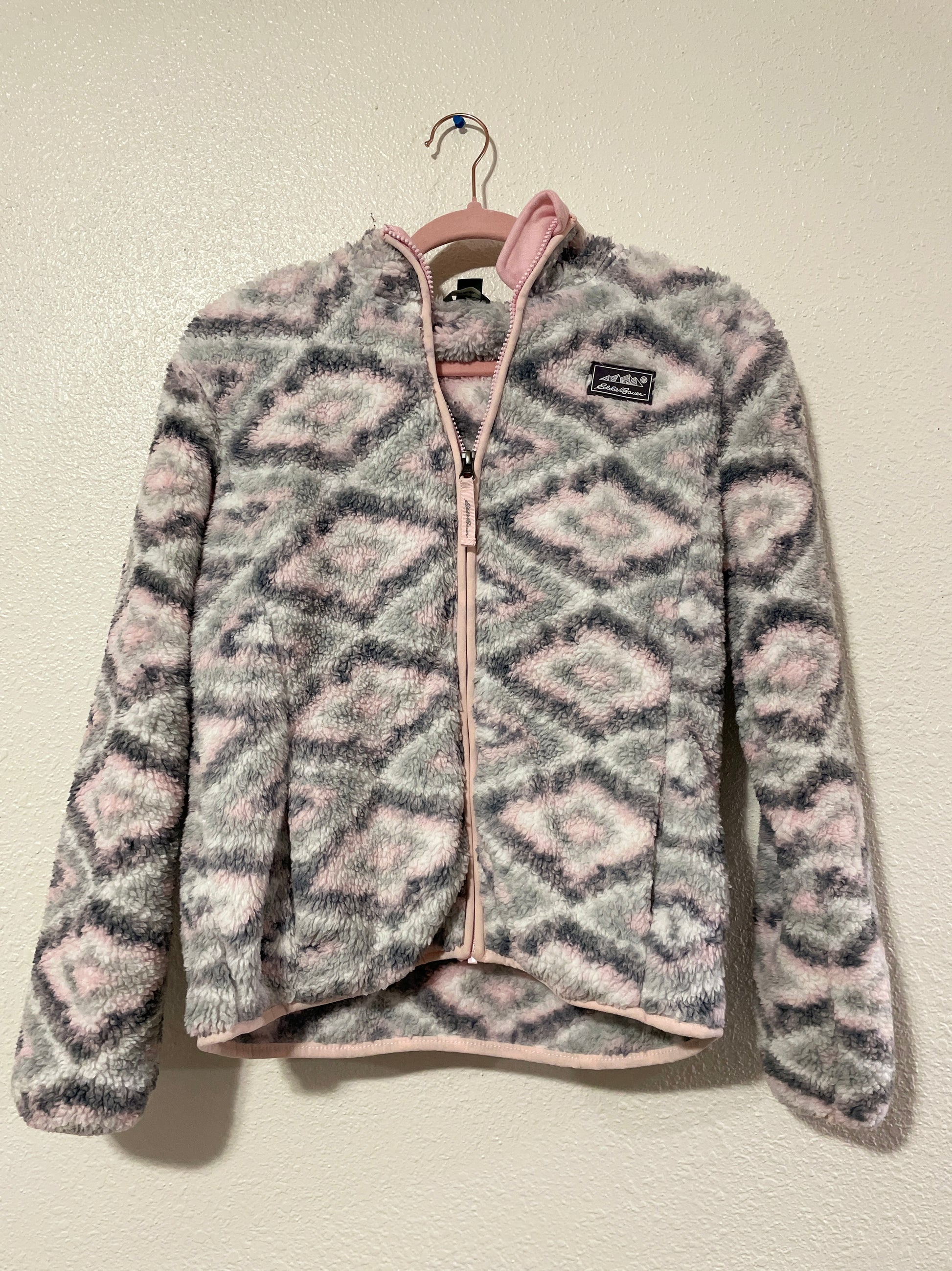 Eddie Bauer Pink & Grey Fuzzy Zip Up | From the Rack | Curated Secondhand Styles | Grace Thrifts | Wasilla, AK