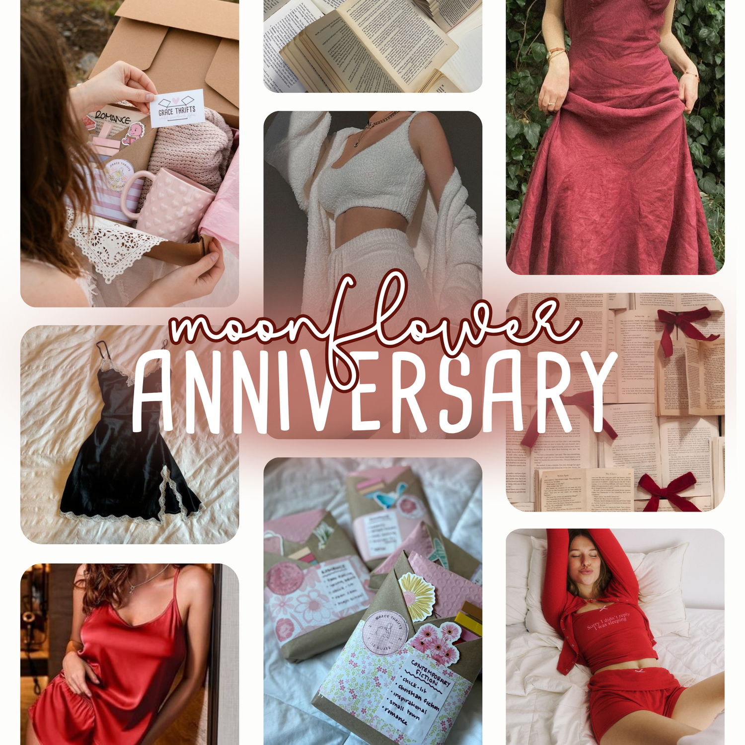 Collage of images with text 'moonflower ANNIVERSARY' featuring various products and activities.