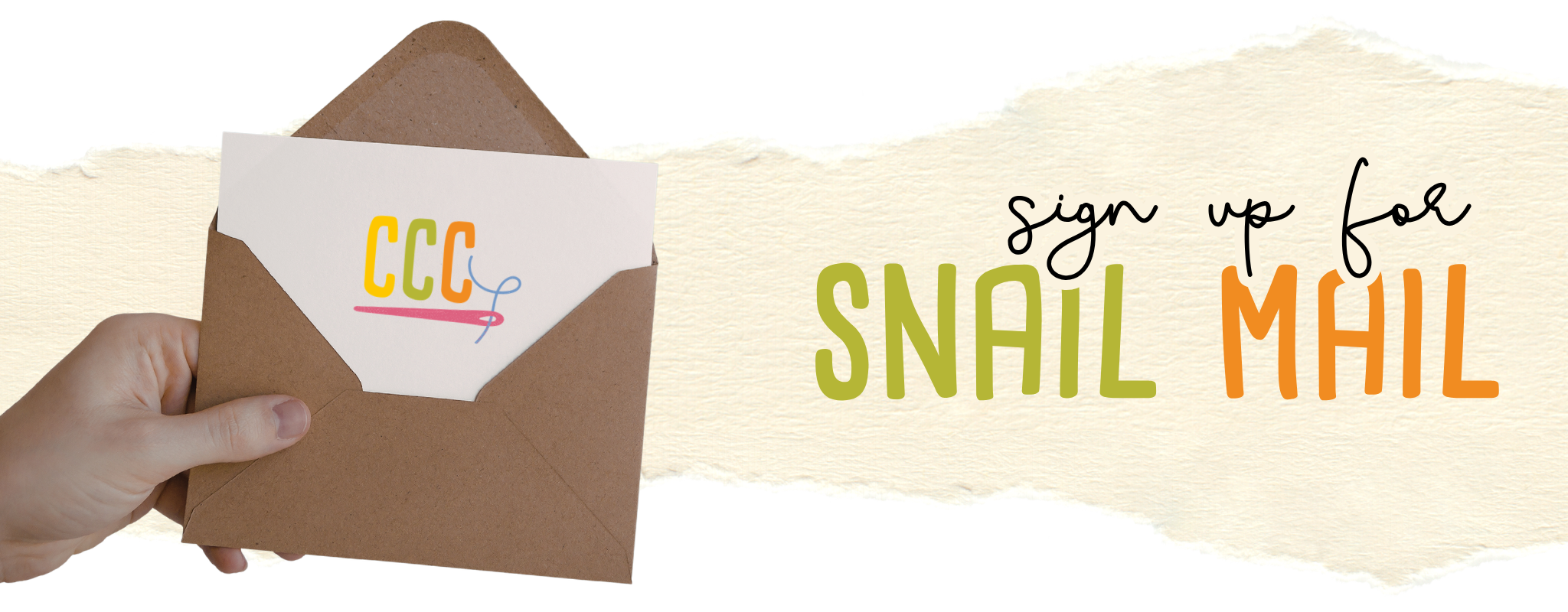 Hand holding a brown envelope with a card inside, on a beige background with text 'sign up for snail mail' | Curated Craft Club | Wasilla, AK
