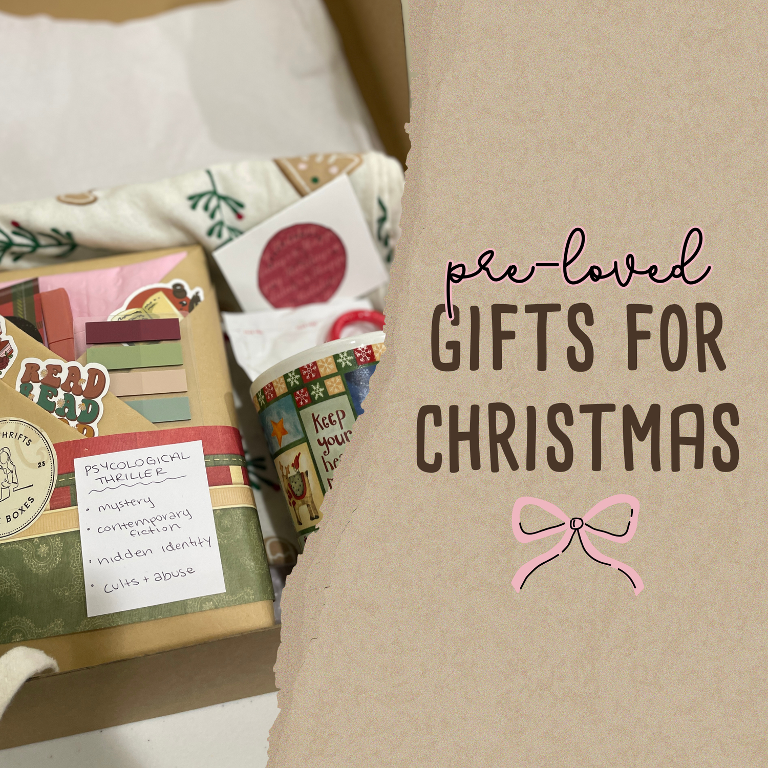 Box of pre-loved gifts for Christmas with a brown paper bag label.