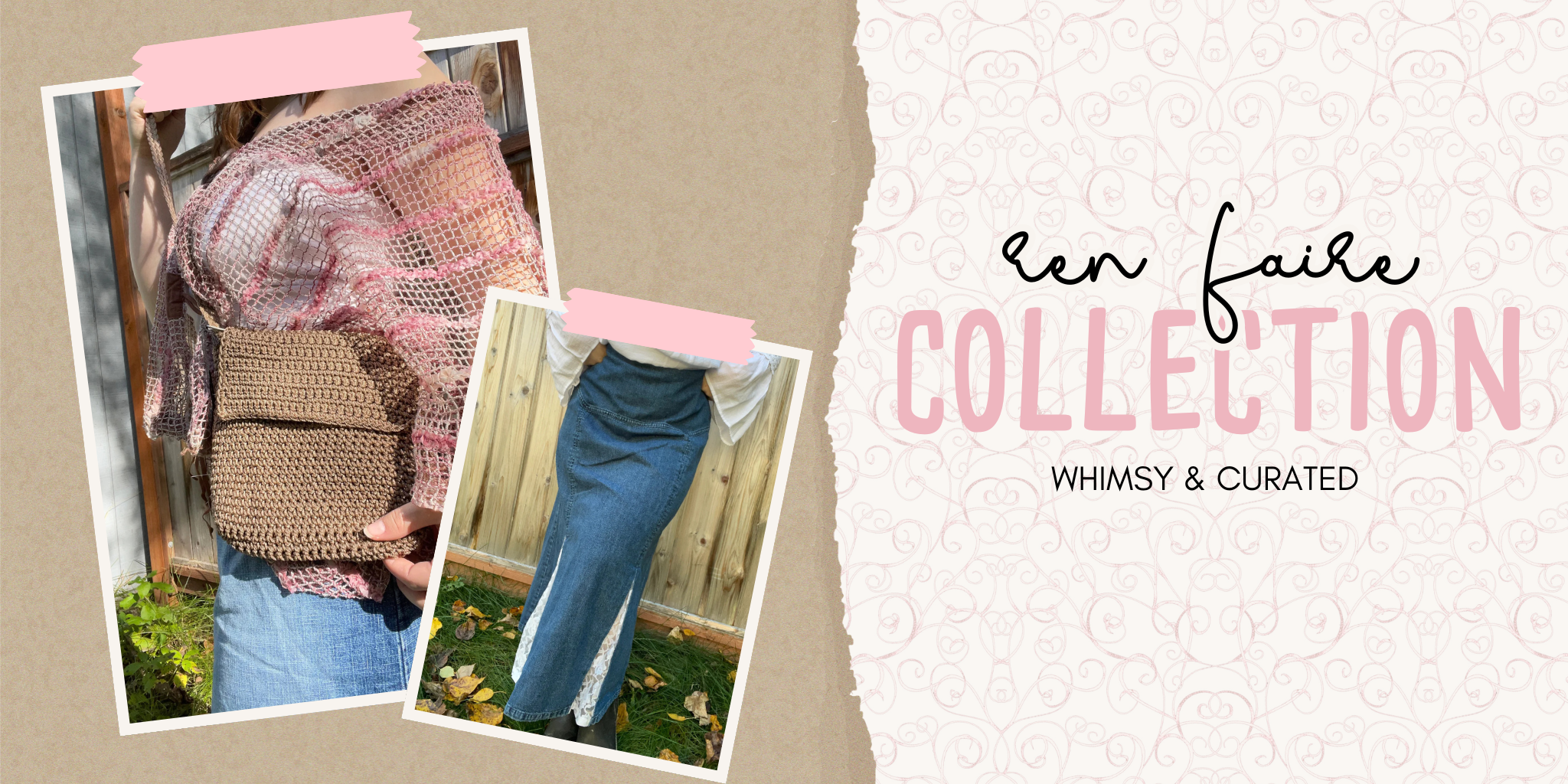 Two images of a person wearing a crochet bag and pants, with 'Bien Faire Collection' text on a textured background.