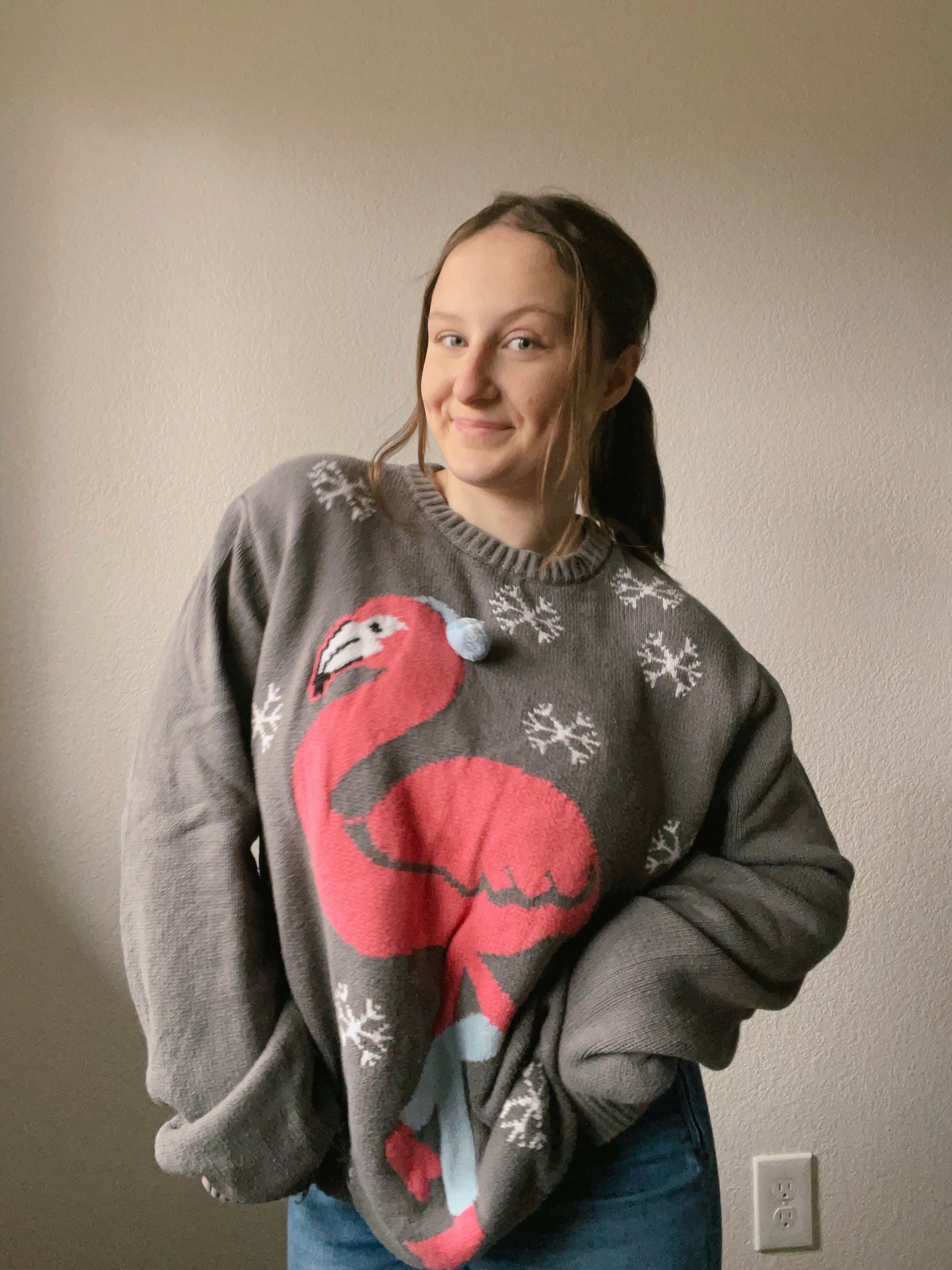 Grey Flamingo Christmas Sweater | From the Rack | Grace Thrifts