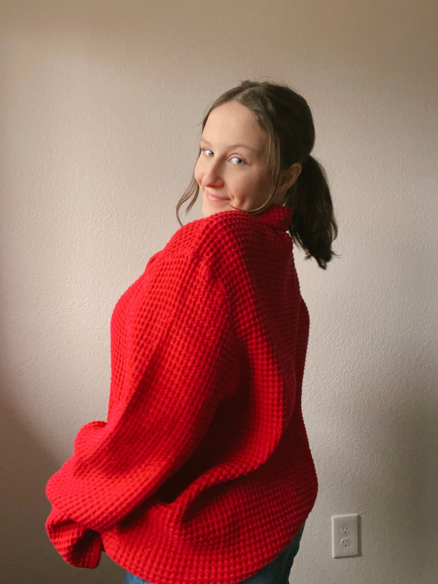 Red Waffle Knit Coat | From the Rack | Grace Thrifts