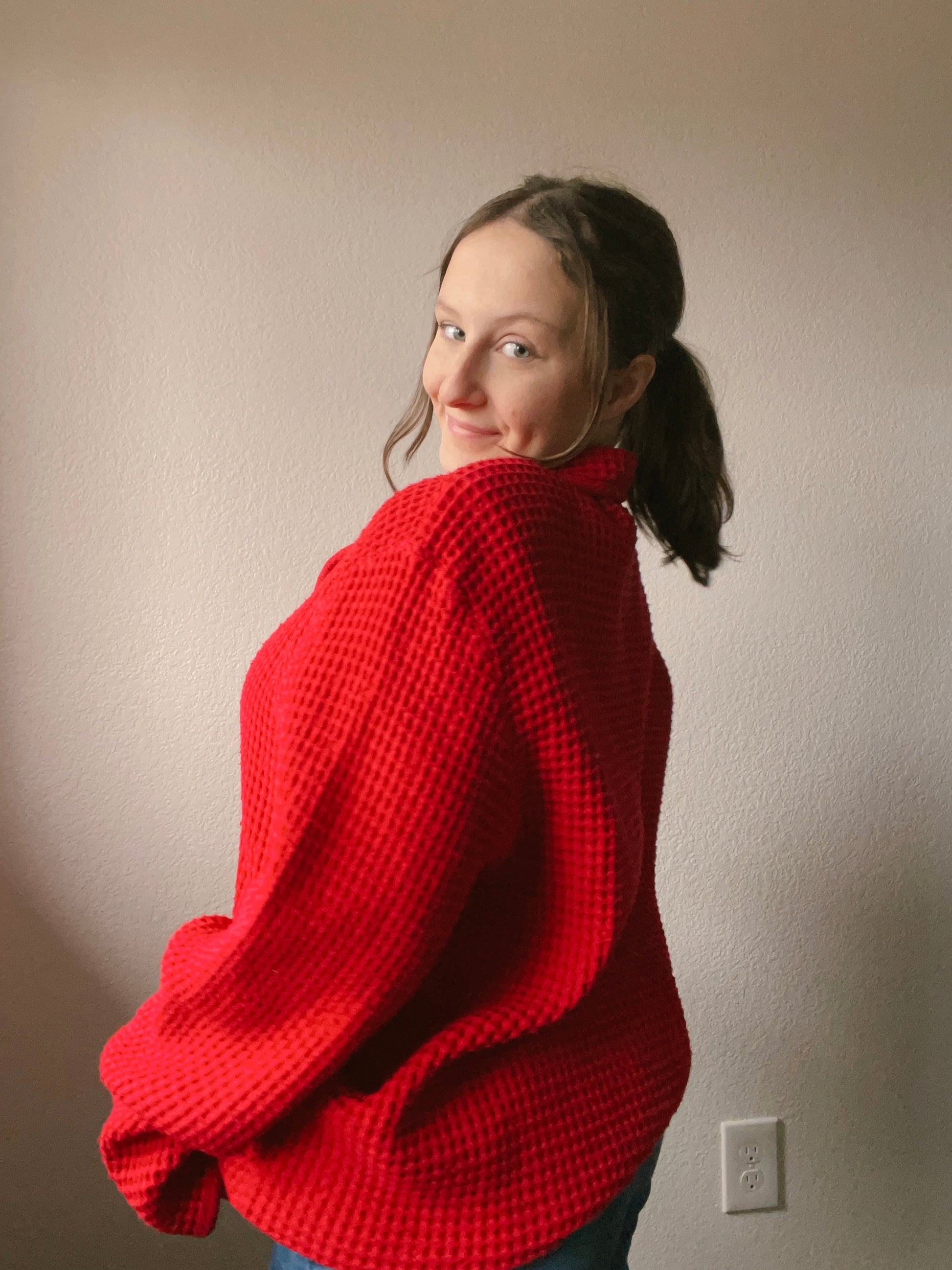 Red Waffle Knit Coat | From the Rack | Grace Thrifts