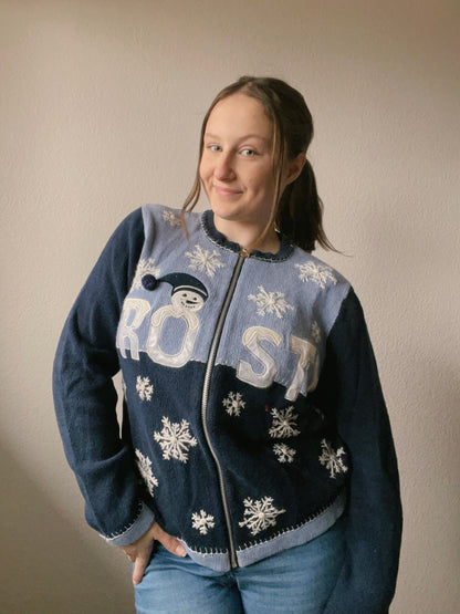 Frosty Blue Color Block Zip Up Sweater | Grace Thrifts | Wasilla, AK