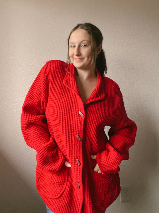 Red Waffle Knit Coat | From the Rack | Grace Thrifts