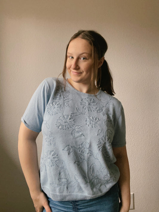 Vintage Blue Floral Beaded Knit Top | From the Rack | Grace Thrifts