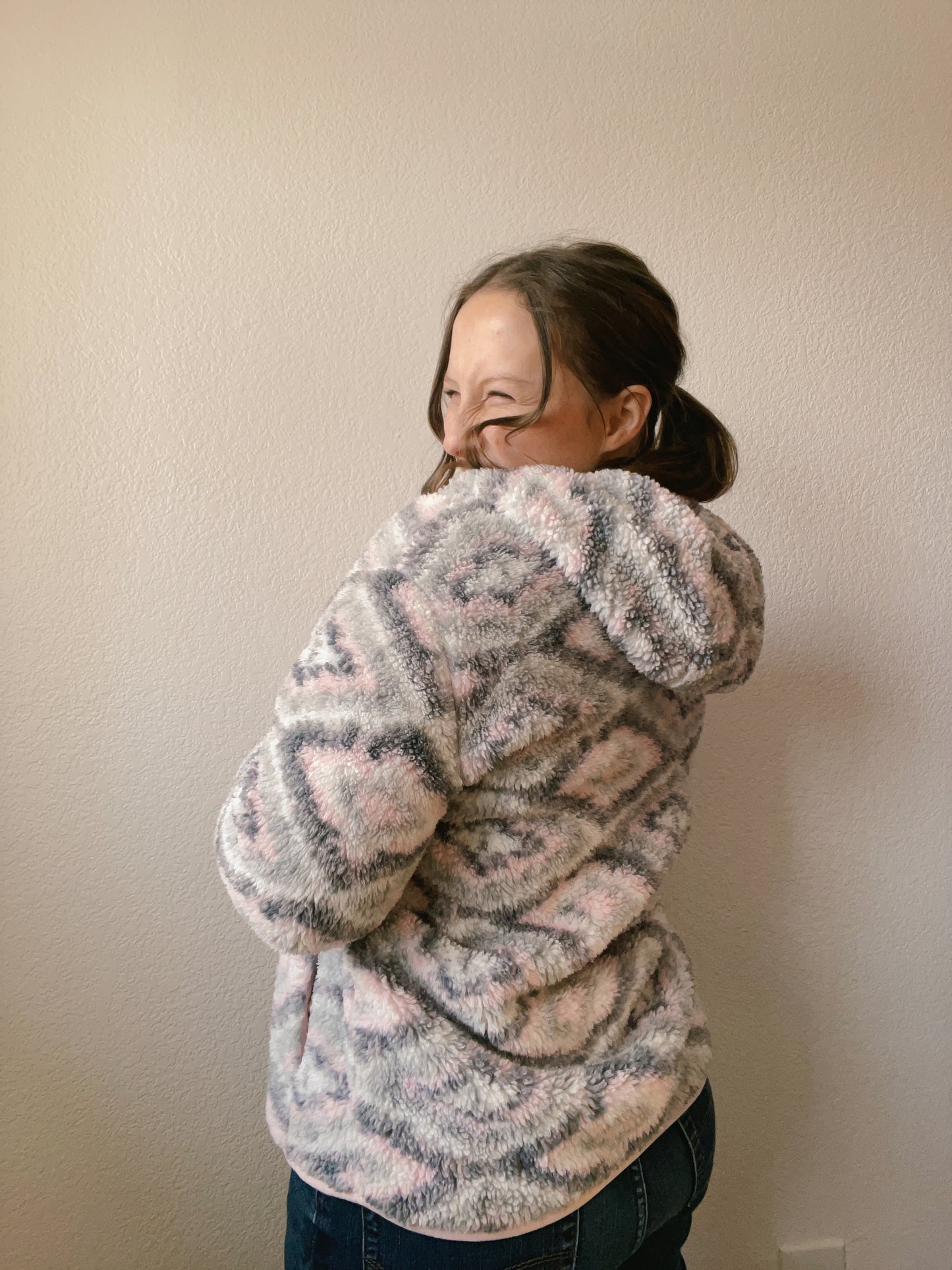 Eddie Bauer Pink & Grey Fuzzy Zip Up | From the Rack | Grace Thrifts