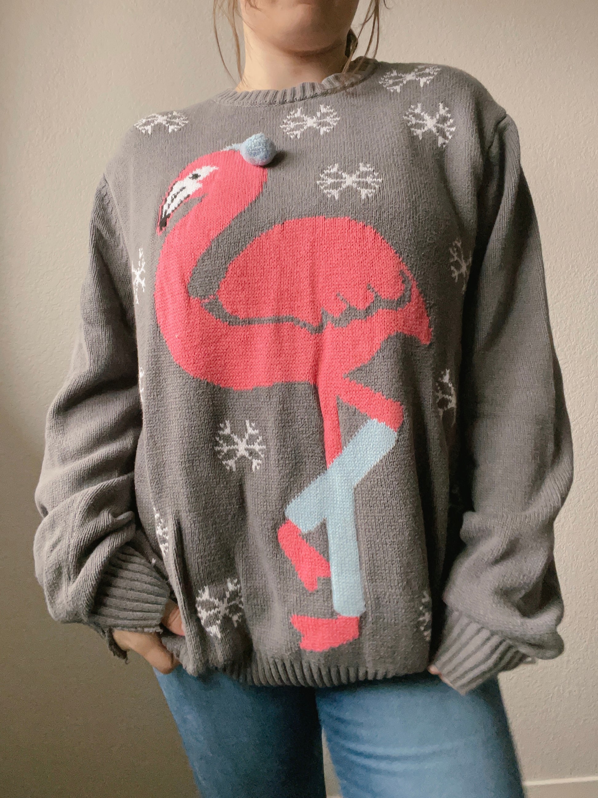 Grey Flamingo Christmas Sweater | From the Rack | Grace Thrifts