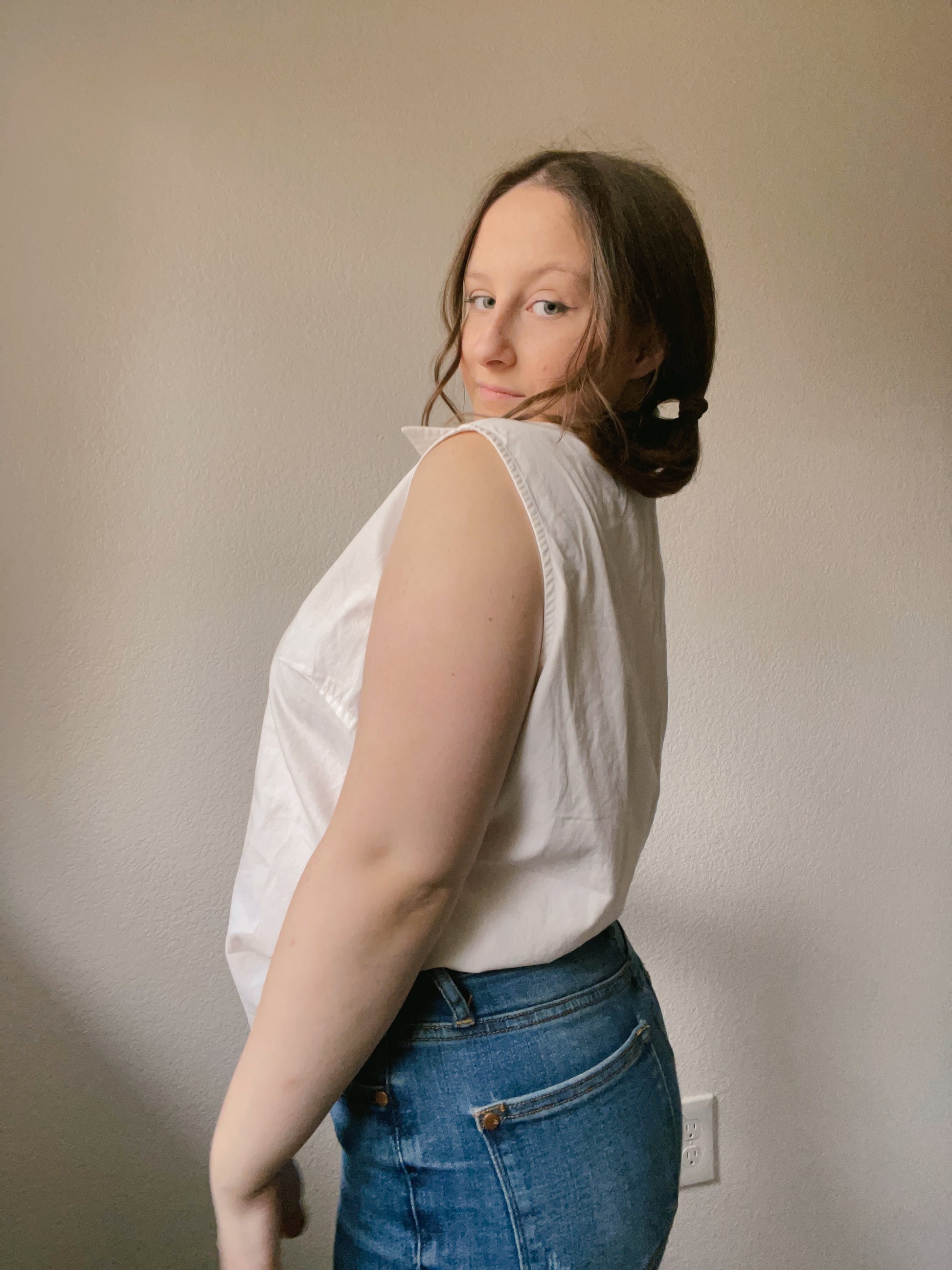 White Sleeveless Button Up Shirt | From the Rack | Grace Thrift