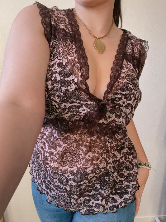 Brown Sheer Floral Tank Top