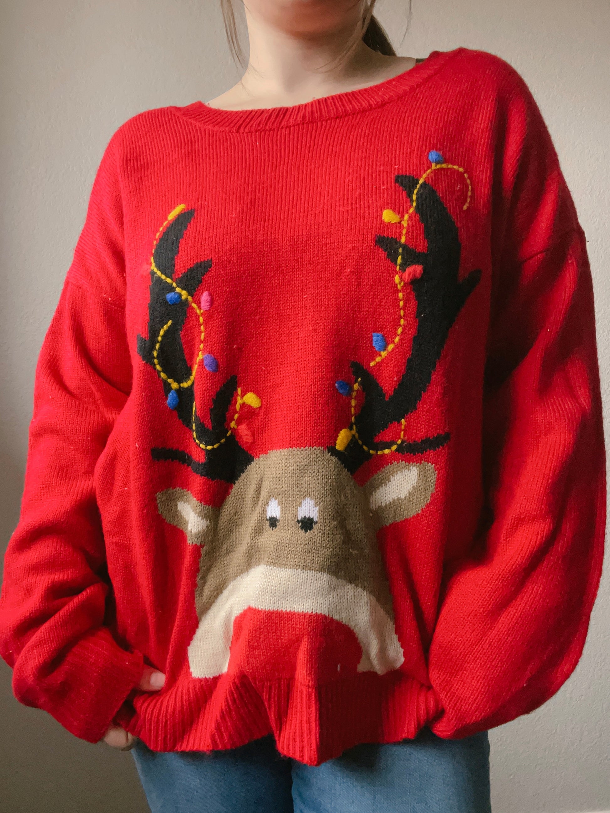 Red Reindeer Christmas Sweater | From the Rack | Grace Thrifts