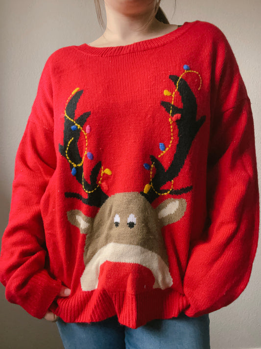 Red Reindeer Christmas Sweater | From the Rack | Grace Thrifts