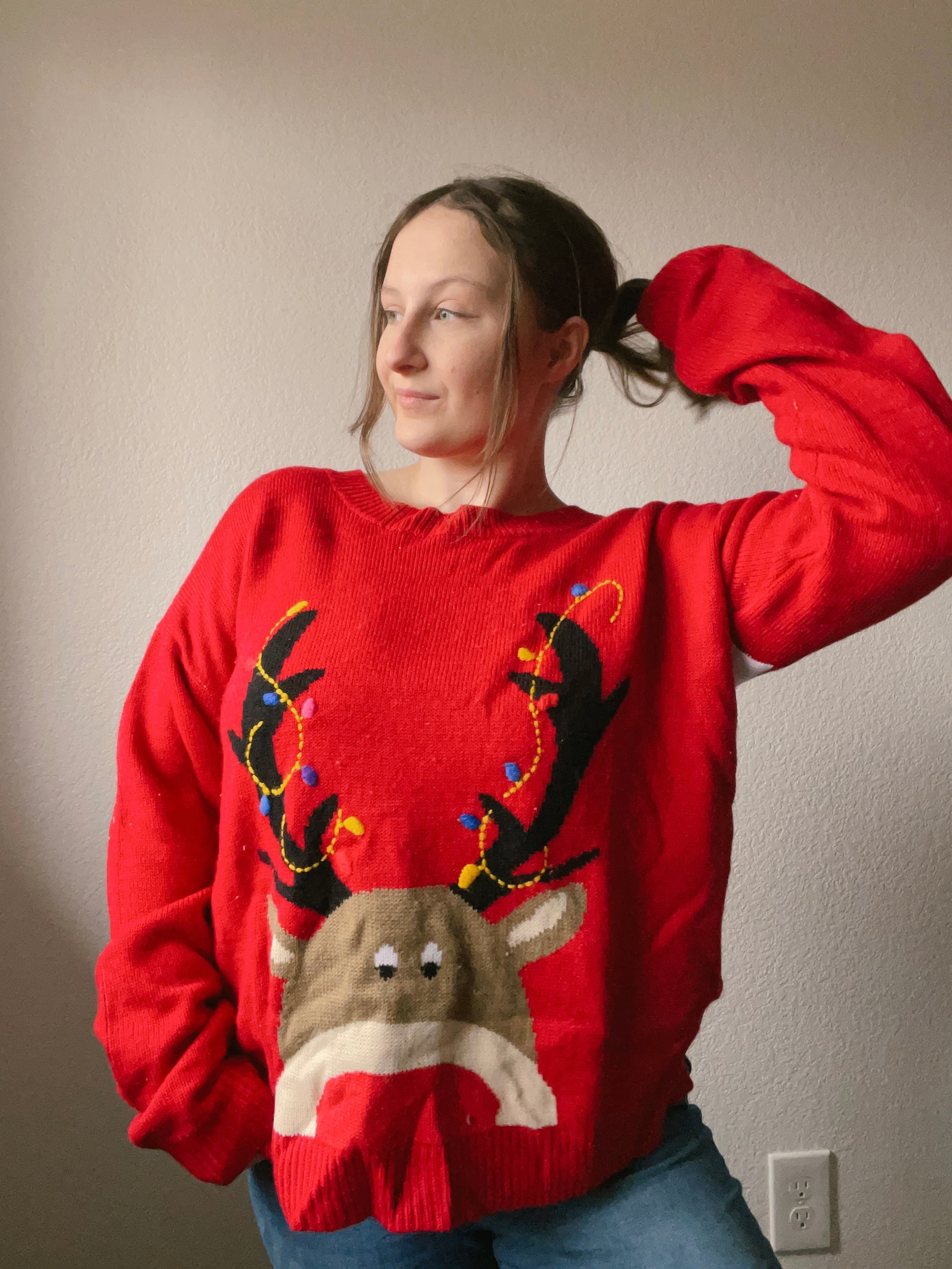 Red Reindeer Christmas Sweater | From the Rack | Grace Thrifts