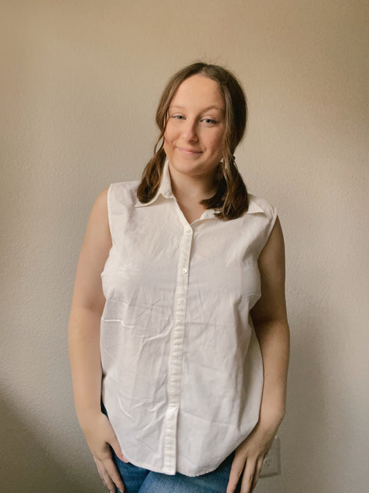 White Sleeveless Button Up Shirt | From the Rack | Grace Thrift