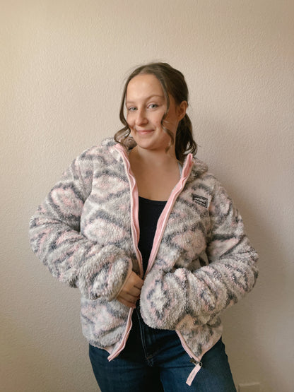 Eddie Bauer Pink & Grey Fuzzy Zip Up | From the Rack | Grace Thrifts