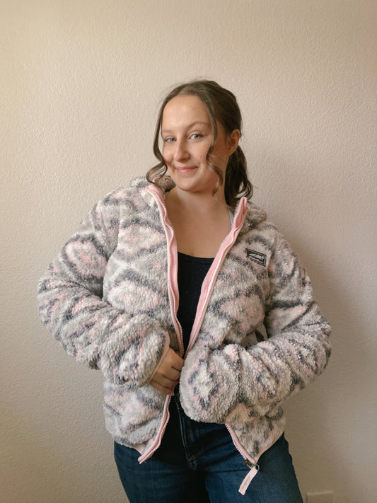 Eddie Bauer Pink & Grey Fuzzy Zip Up | From the Rack | Grace Thrifts