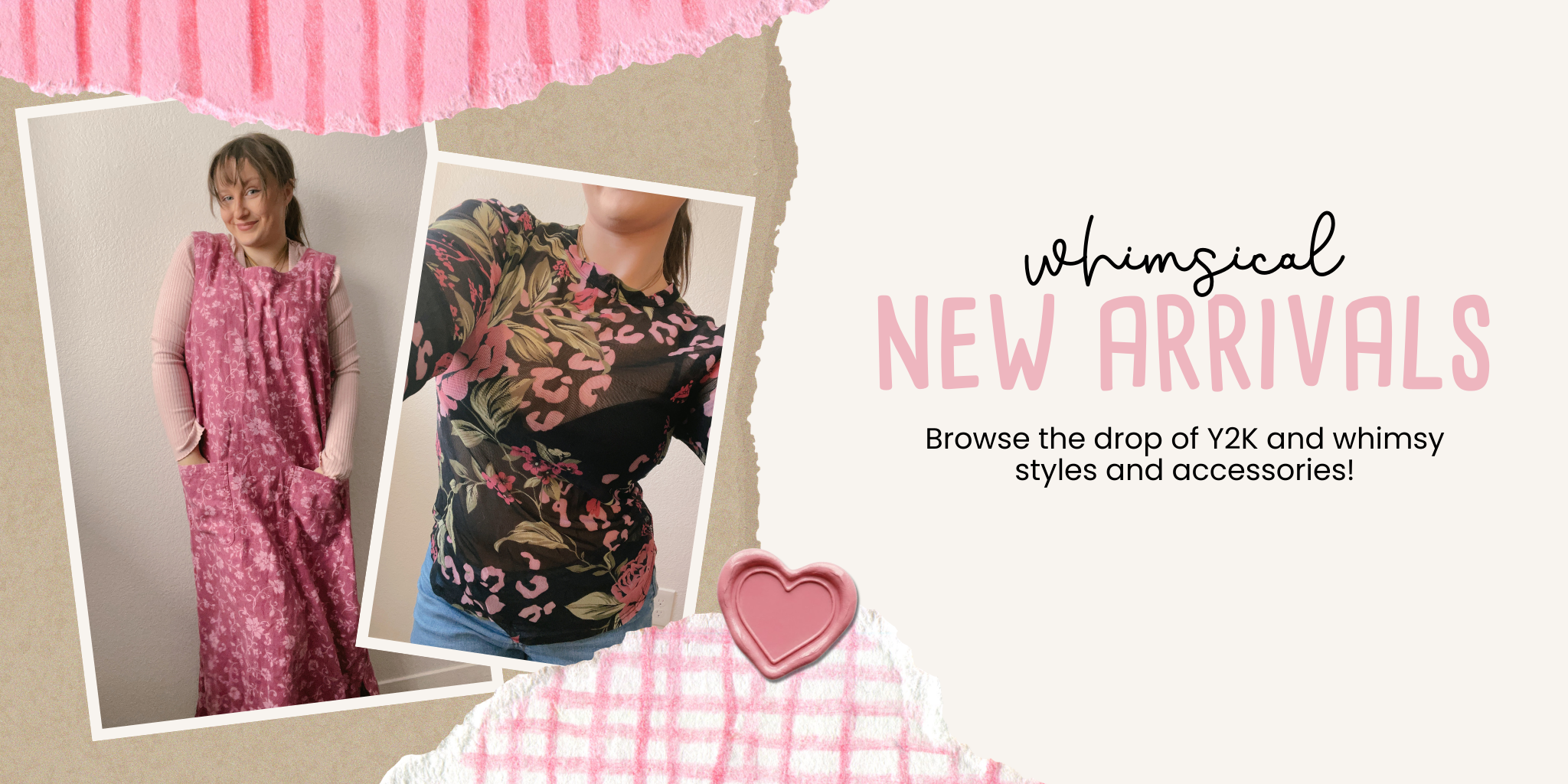 Promotional banner for whimsical new arrivals with images of clothing and text | Grace Thrifts | Wasilla, AK