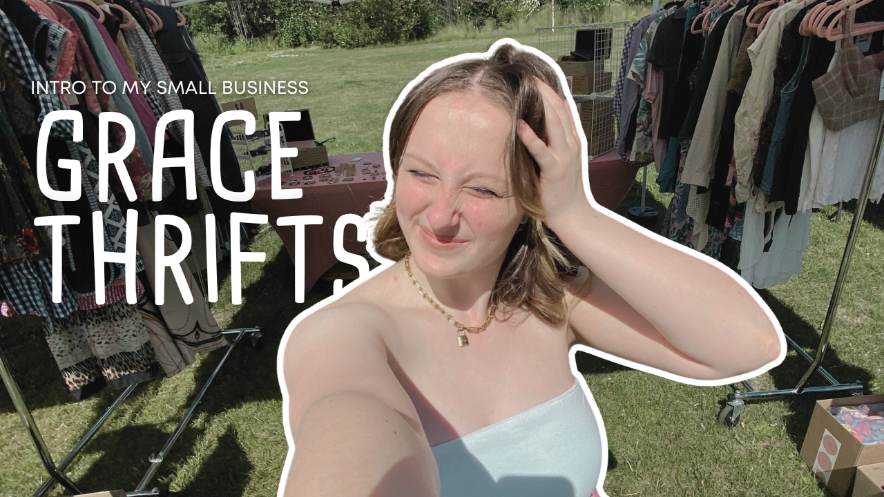 Woman taking a selfie outdoors with text overlay about 'Grace Thrifts' small business.