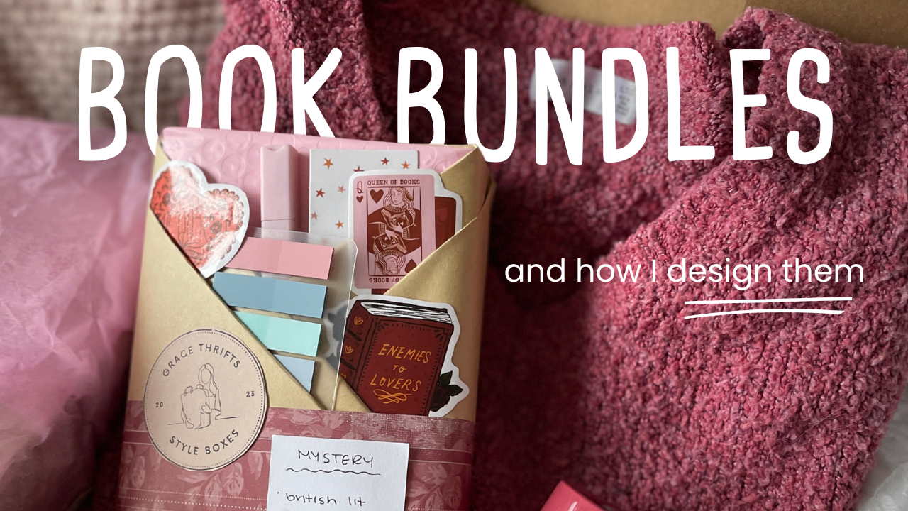 Product packaging with text overlay 'Book Bundles and how I design them' on a pink textured background.