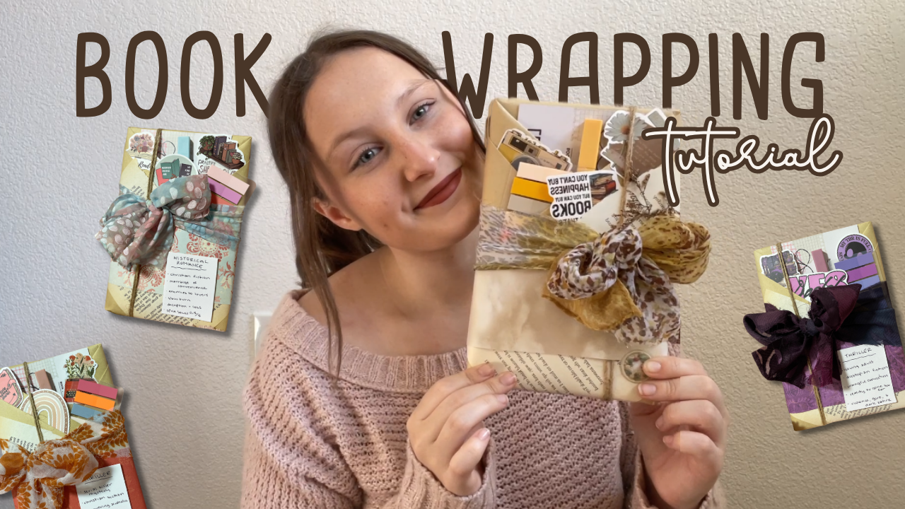 Girl holding a wrapped gift with text 'Book Wrapping Tutorial' on a gray background  | Grace Thrifts | Wasilla, AK