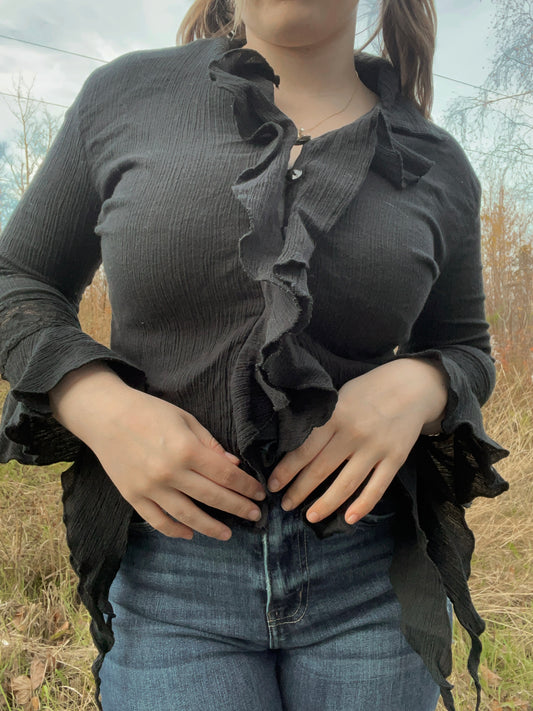 Black Y2K Ruffle Witch Top | From the Rack | Curated Secondhand Styles | Grace Thrifts | Wasilla, AK