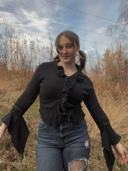 Black Y2K Ruffle Witch Top | From the Rack | Curated Secondhand Styles | Grace Thrifts | Wasilla, AK